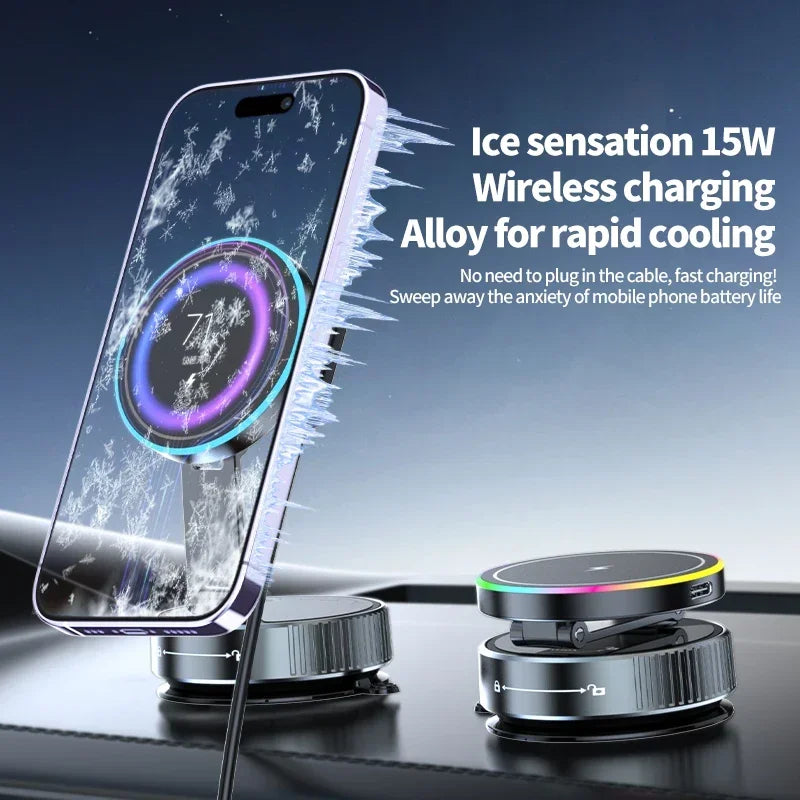 Cooling Magnetic Car Wireless Charger Car Phone Holder Mount Fast Charging for iPhone 15 14 13 Pro Suction Cup Vacuum Foldable