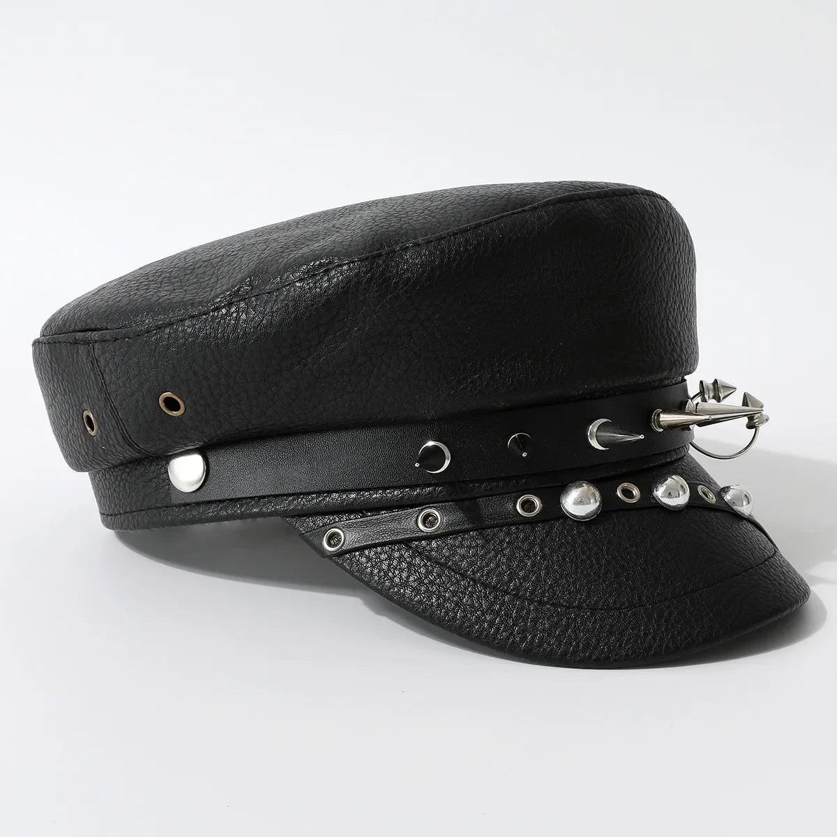 Leather Rivet Show Navy Cap Skinny Cap New Niche Punk Hip Hop Wind Beret Black PU Military Cap