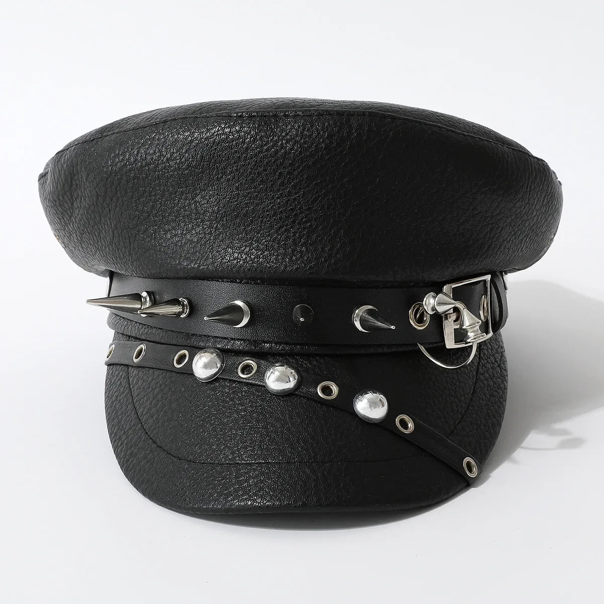 Leather Rivet Show Navy Cap Skinny Cap New Niche Punk Hip Hop Wind Beret Black PU Military Cap