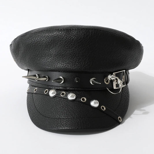 Leather Rivet Show Navy Cap Skinny Cap New Niche Punk Hip Hop Wind Beret Black PU Military Cap