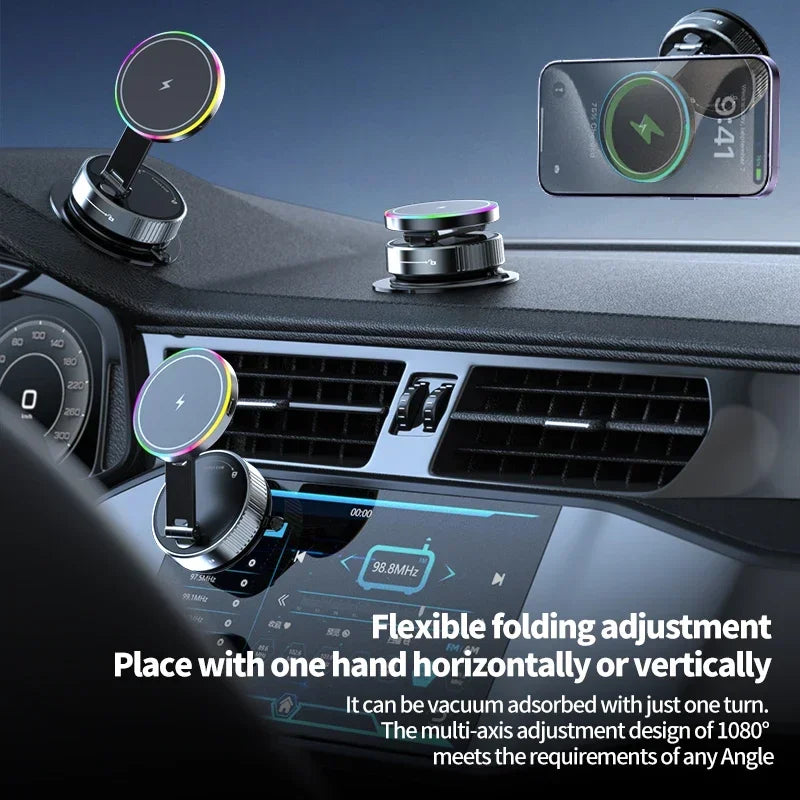Cooling Magnetic Car Wireless Charger Car Phone Holder Mount Fast Charging for iPhone 15 14 13 Pro Suction Cup Vacuum Foldable