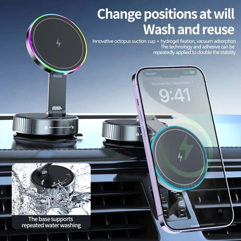 Cooling Magnetic Car Wireless Charger Car Phone Holder Mount Fast Charging for iPhone 15 14 13 Pro Suction Cup Vacuum Foldable
