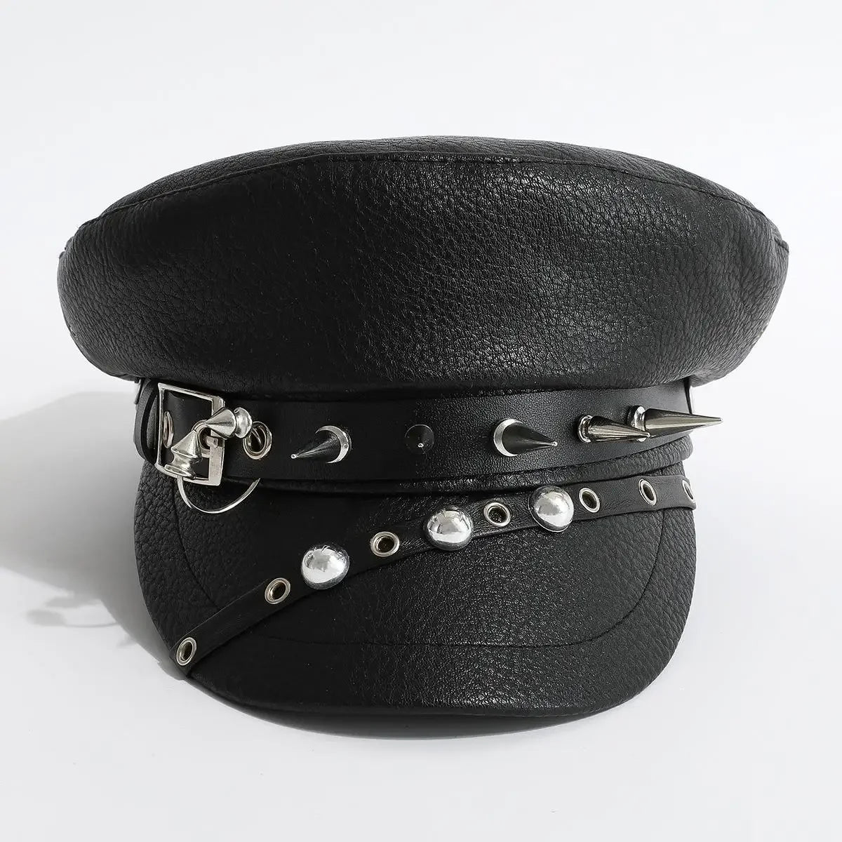 Leather Rivet Show Navy Cap Skinny Cap New Niche Punk Hip Hop Wind Beret Black PU Military Cap