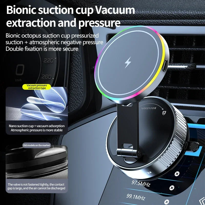 Cooling Magnetic Car Wireless Charger Car Phone Holder Mount Fast Charging for iPhone 15 14 13 Pro Suction Cup Vacuum Foldable